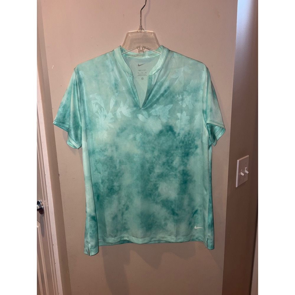 Nike Dri-FIT Women XL Teal Tie Dye Floral Jacquard V-Neck Golf Athletic Top